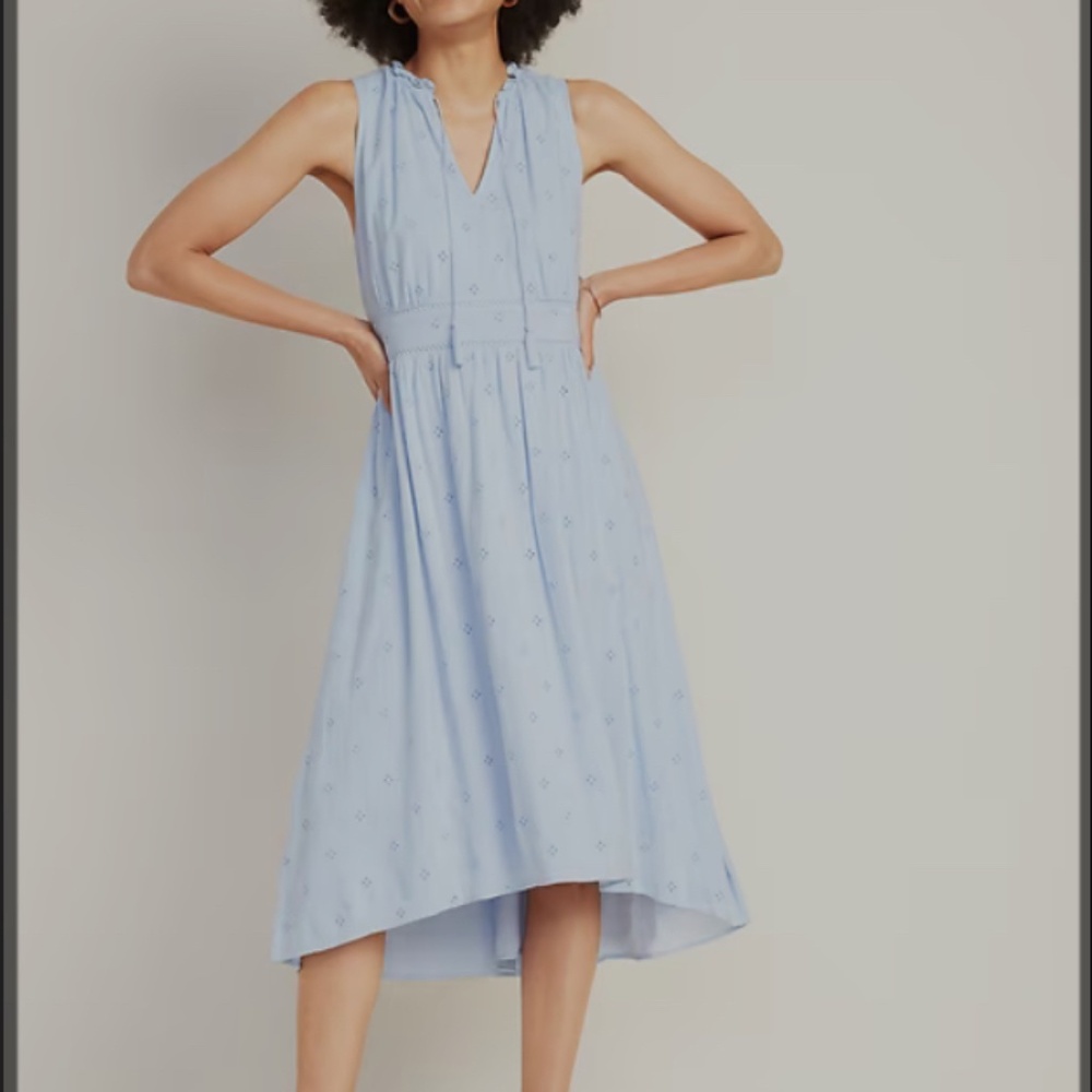 NWT Old Navy Waist-Defined Tie-Neck Cutwork Midi Dress Eyelet Pastel Blue